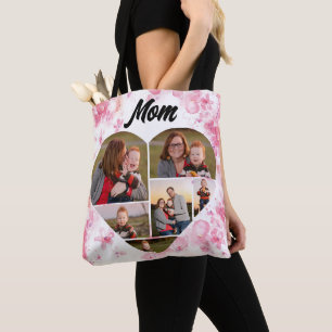 Watercolor Pink Floral Heart Shape Photo Collage Tote Bag