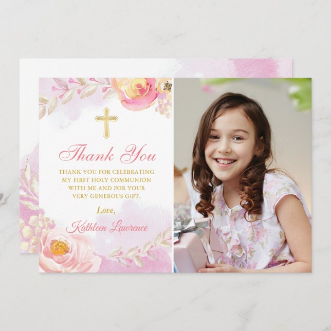 Watercolor Pink Floral Holy Communion Thank You Invitation (Front/Back)