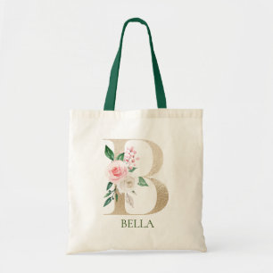 Watercolor Pink Floral Letter B Monogram Tote Bag