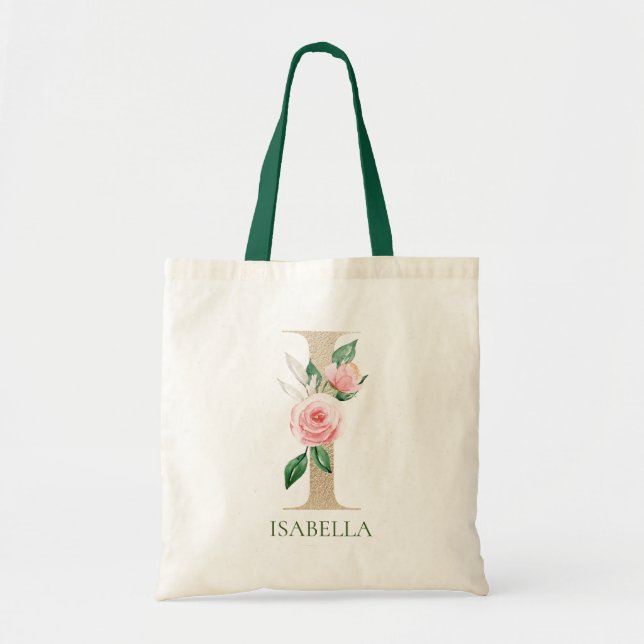 Watercolor Pink Floral Letter I Monogram Tote Bag (Front)