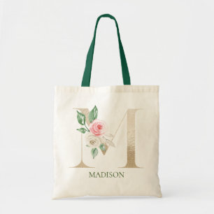 Watercolor Pink Floral Letter M Monogram Tote Bag