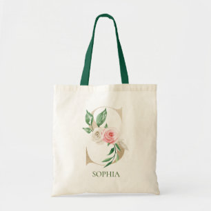 Watercolor Pink Floral Letter S Monogram Tote Bag