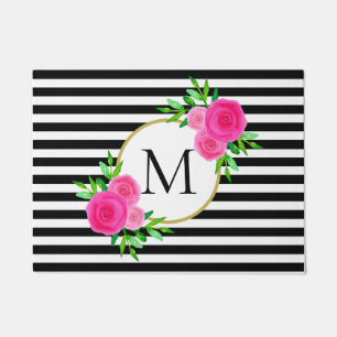 Watercolor Pink Floral Monogram Black White Stripe Doormat