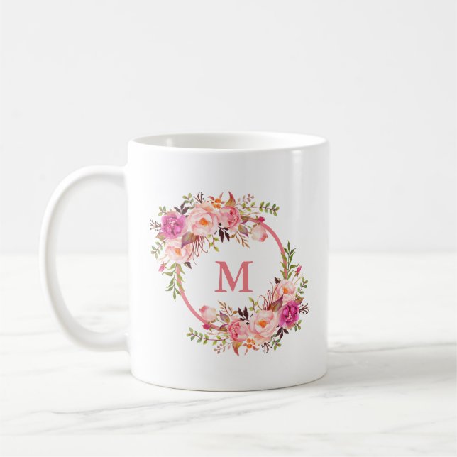 Watercolor Pink Floral Monogram Coffee Mug (Left)