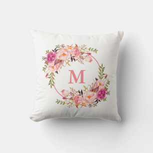 Watercolor Pink Floral Monogram Cushion