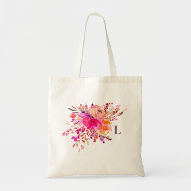 Watercolor pink floral monogram. Initial flowers Tote Bag (Front)