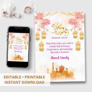Watercolor Pink Floral & Mosque Iftar Dinner Invitation