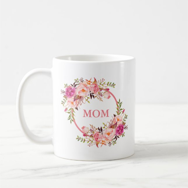 Watercolor Pink Floral Mum Coffee Mug (Left)
