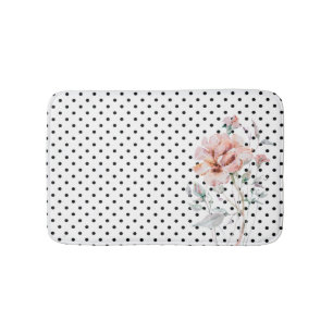 Watercolor Pink Floral on Black Polkadots Bath Mat