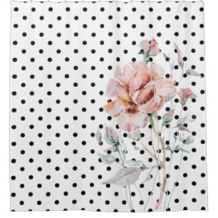 Watercolor Pink Floral on Black Polkadots Shower Curtain