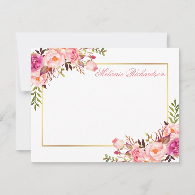 Watercolor Pink Floral Personalised Gold Frame Card (Front)