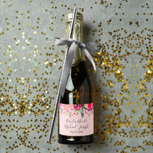 Watercolor Pink Floral Personalised Wedding Mini Sparkling Wine Label