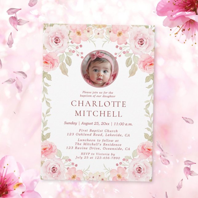 Watercolor Pink Floral Photo Baptism Invitation (Creator Uploaded)