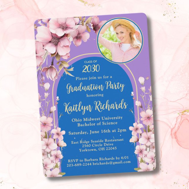  Watercolor Pink Floral Photo Graduation Party Invitation (Creator Uploaded)