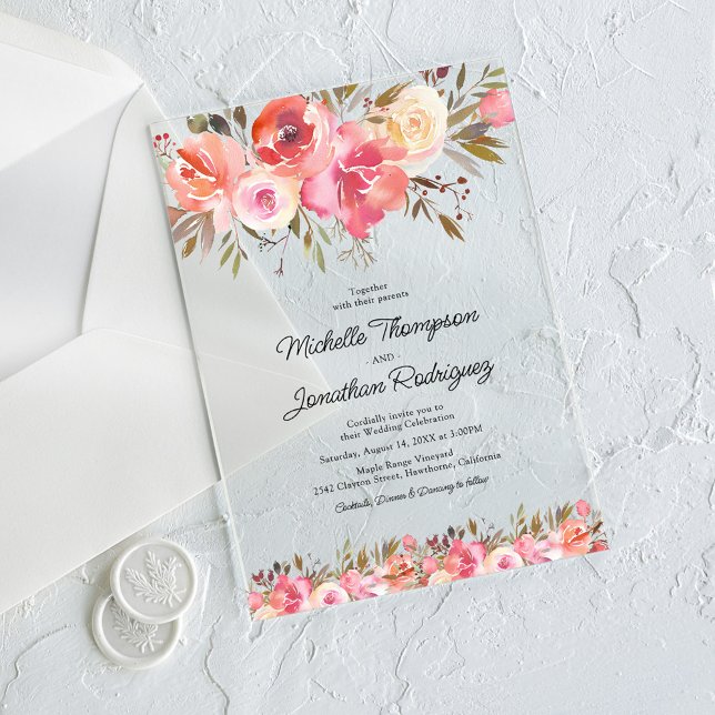 Watercolor Pink Floral Photo Wedding Acrylic Invitations (Creator Uploaded)