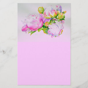 Watercolor pink floral pink peonies white floral stationery