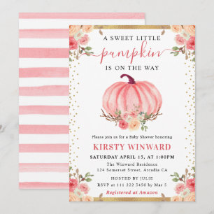 Watercolor Pink Floral Pumpkins Fall Baby Shower Invitation