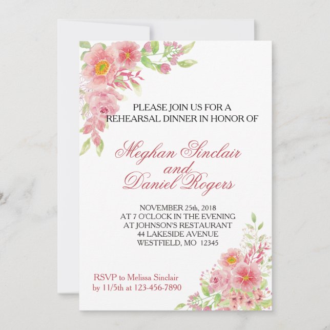 Watercolor Pink Floral Rehearsal Dinner Invites (Front)