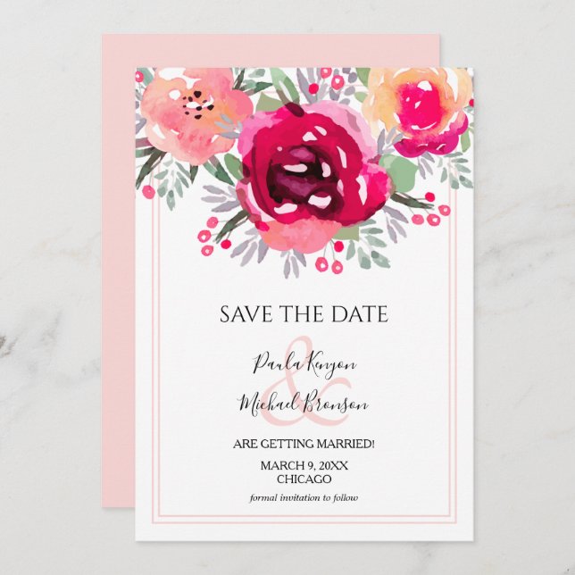 Watercolor Pink Floral Save the Date (Front/Back)