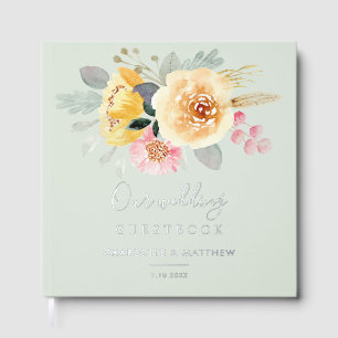 Watercolor Pink Floral Script Wedding Silver Guest Book