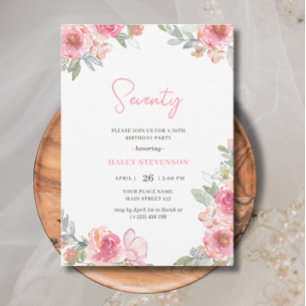 Watercolor Pink Floral Seventy 70th Chic Birthday Invitation