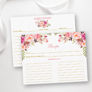 Watercolor Pink Floral Shower Recipe Card Gold