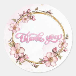 Watercolor Pink Floral Thank You  Classic Round Sticker