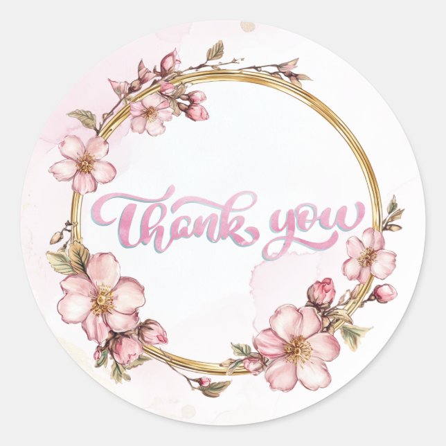 Watercolor Pink Floral Thank You  Classic Round Sticker (Front)