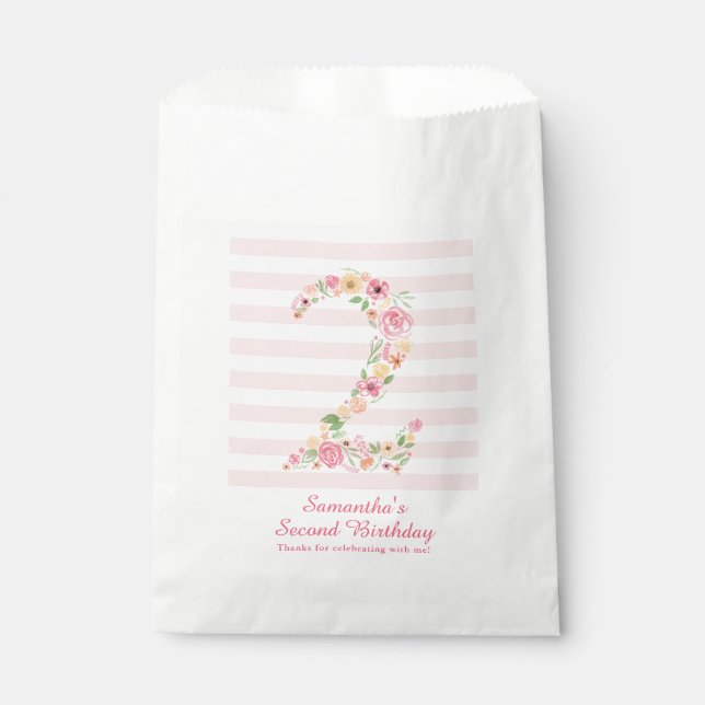 Watercolor Pink Floral Two 2nd Birthday Favour Bag (Front)