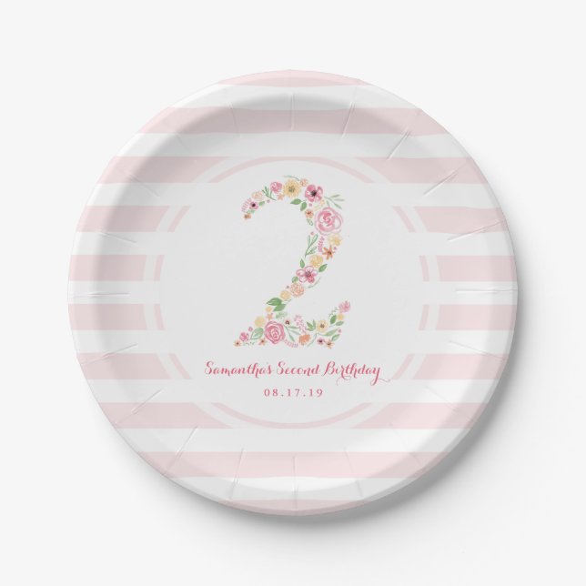 Watercolor Pink Floral Two 2nd Birthday Paper Plate (Front)