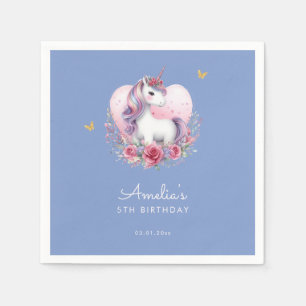 Watercolor Pink Floral Unicorn Modern Birthday Napkin