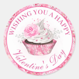 Watercolor Pink Floral Valentine's Day Cupcake Classic Round Sticker