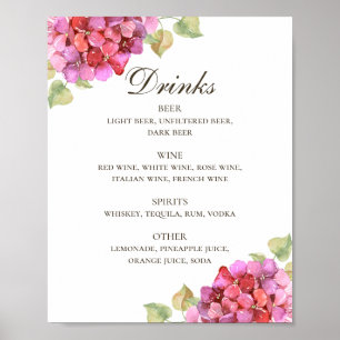 Watercolor pink floral wedding alcohol drinks bar poster