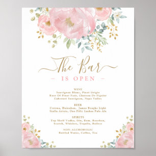 Watercolor Pink Floral Wedding Bar Drinks Menu Poster