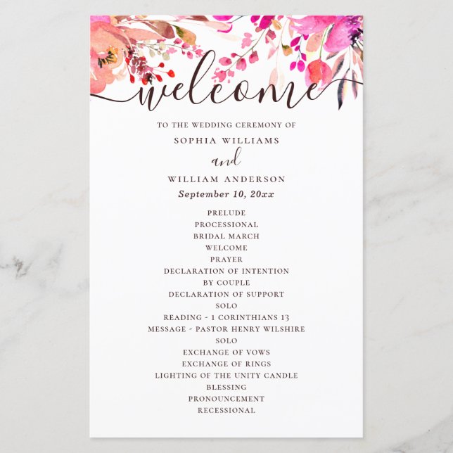 Watercolor pink floral wedding. Fall program (Front)