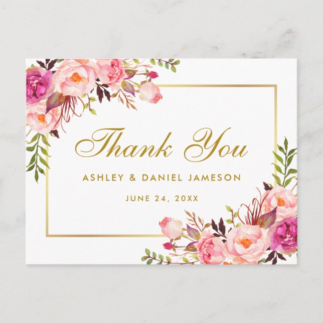 Watercolor Pink Floral Wedding Gold Thank You Postcard (Front)