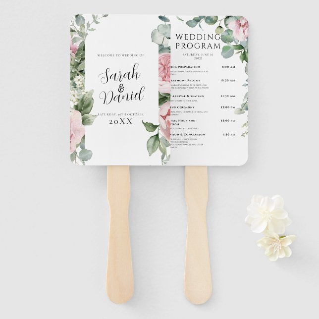 Watercolor Pink Floral Wedding Programs Hand Fan (Front and Back)
