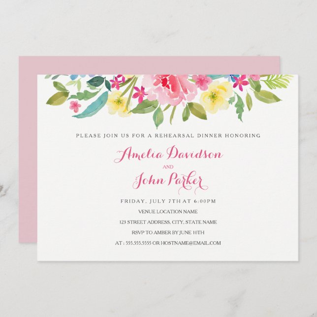 Watercolor Pink Floral Wedding Rehearsal Dinner Invitation (Front/Back)