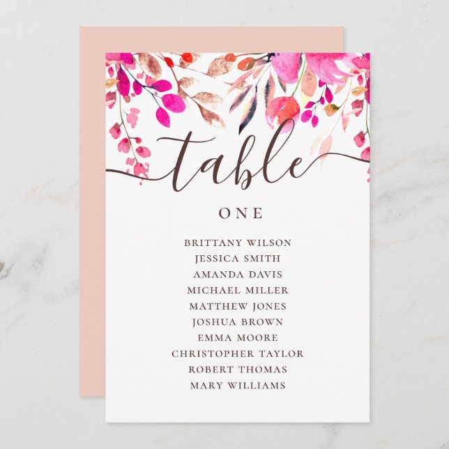Watercolor pink floral wedding seating chart invitation (Front/Back)