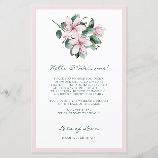 Watercolor Pink Floral Wedding Welcome Itinerary (Front)