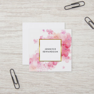 Watercolor pink floral white gold professional square business card