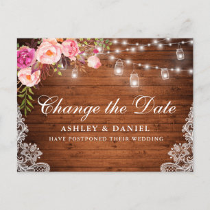 Watercolor Pink Floral Wood Jars Change The Date Postcard