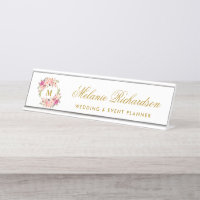 Watercolor Pink Floral Wreath Gold Monogram