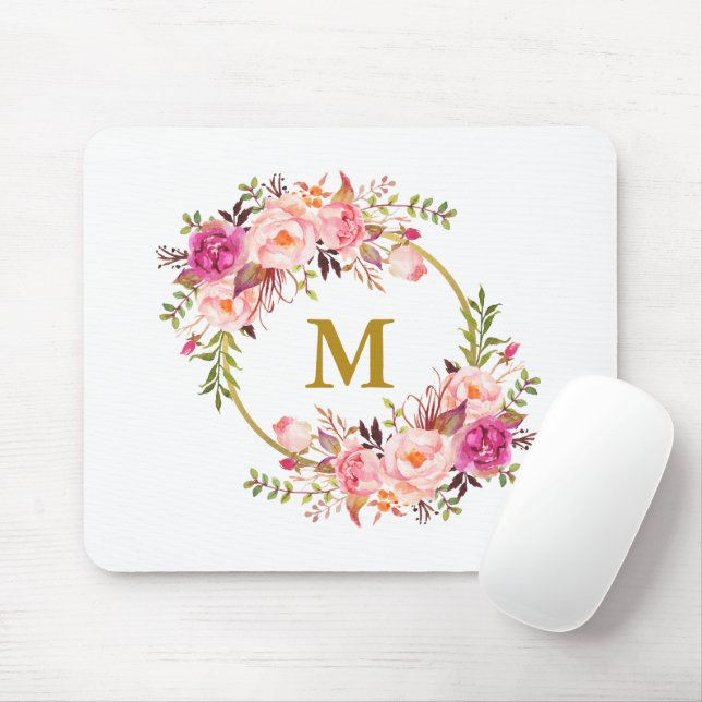 Watercolor Pink Floral Wreath Gold Monogram Mouse Pad (With Mouse)