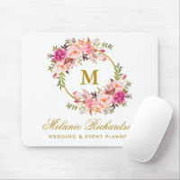 Watercolor Pink Floral Wreath Monogram Gold