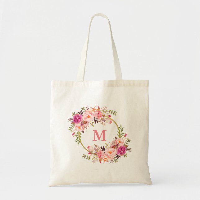 Watercolor Pink Floral Wreath Monogram Gold Tote Bag (Front)