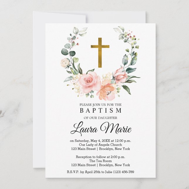 Watercolor Pink Florals Baptism Invitation (Front)
