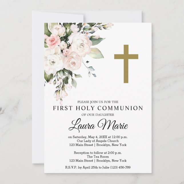 Watercolor Pink Florals First Holy Communion Invitation (Front)