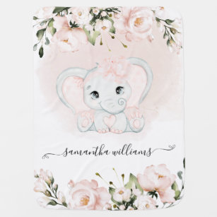 Watercolor pink flower & adorable elephant Girl Baby Blanket
