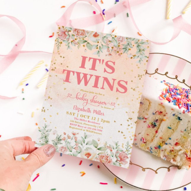 Watercolor Pink Flower Bloom Twin Girl Baby Shower Invitation (Creator Uploaded)